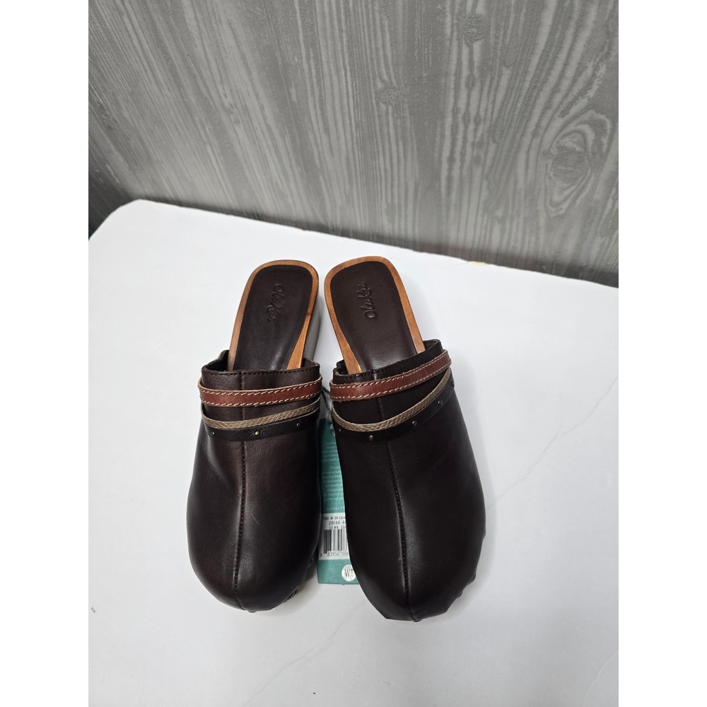 NWT OluKai Dark Brown Leather Scalloped Wooden Platform Clogs Women US 8 EUR 38 - Picture 7 of 7